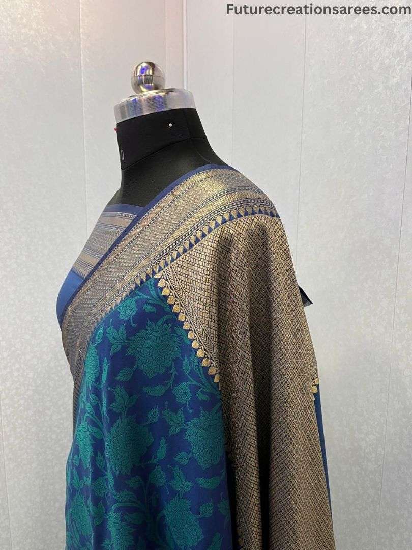 Royal blue Semi Katan Resham saree with bold floral motifs and golden ZARI border – Future Creations Sarees
