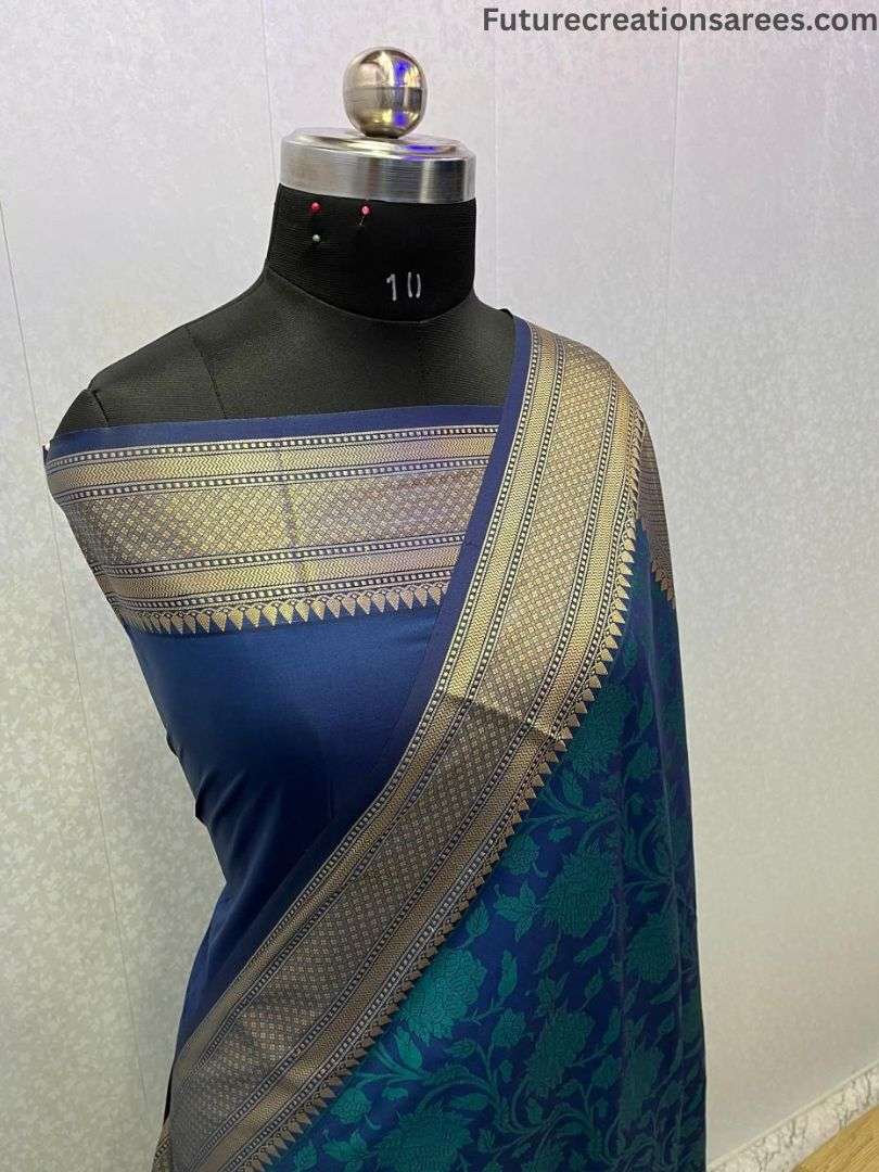 Royal blue Semi Katan Resham saree with bold floral motifs and golden ZARI border – Future Creations Sarees