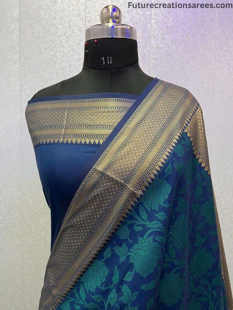 Royal blue Semi Katan Resham saree with bold floral motifs and golden ZARI border – Future Creations Sarees