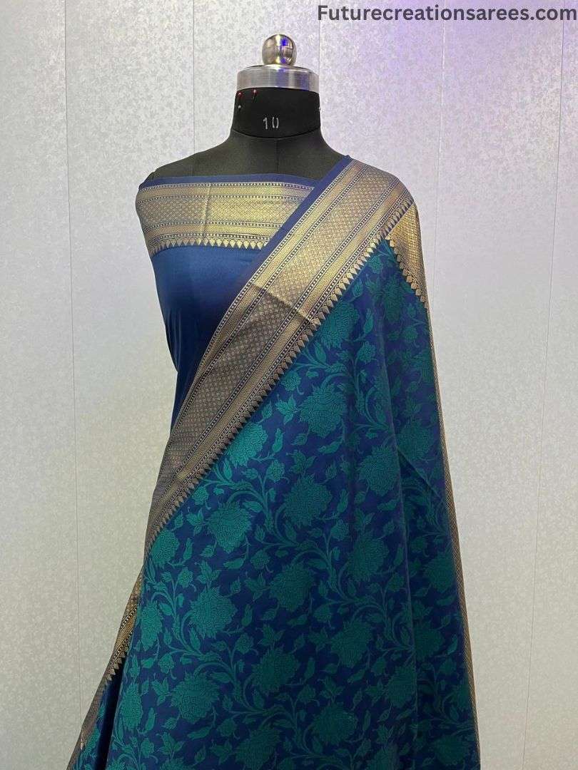 Royal blue Semi Katan Resham saree with bold floral motifs and golden ZARI border – Future Creations Sarees