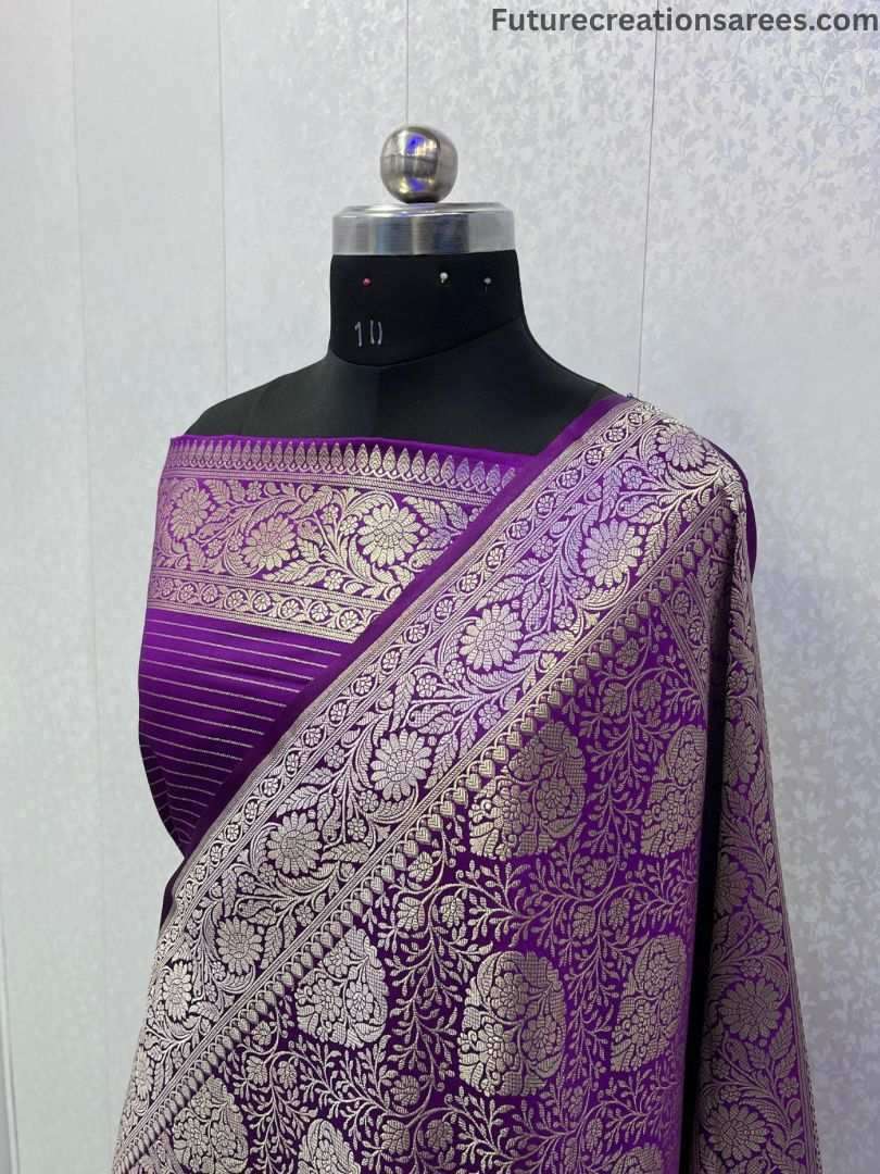 Purple Banarasi Mashru Silk Satin saree with golden woven floral and paisley motifs, rich border, blouse piece included – Future Creation Sarees.