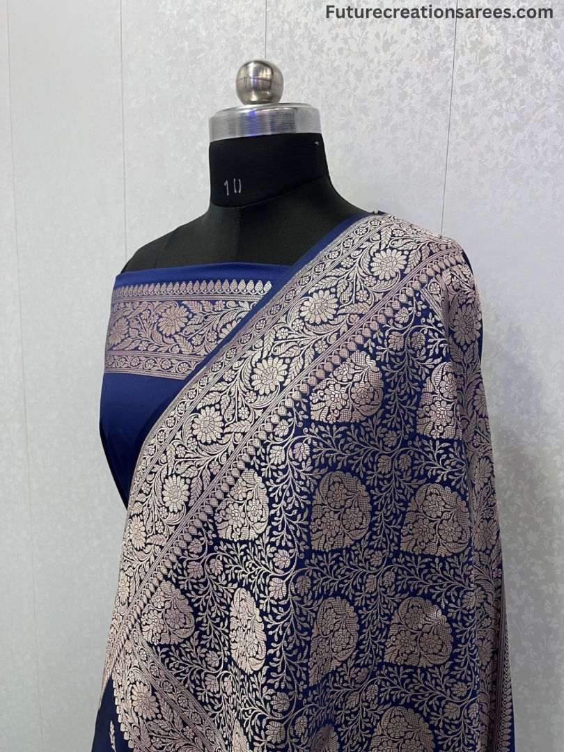 Navy blue Banarasi Mashru Silk Satin saree with flowing golden woven floral and paisley motifs, blouse piece included – Future Creation Sarees.