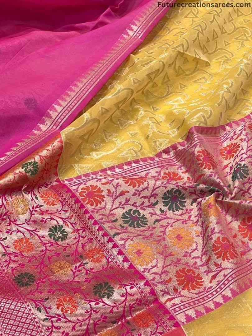Organza Paithani saree in pink & yellow contrast with golden floral and geometric motifs, ornate orange‑pink border, and matching blouse fabric – Future Creation Sarees.