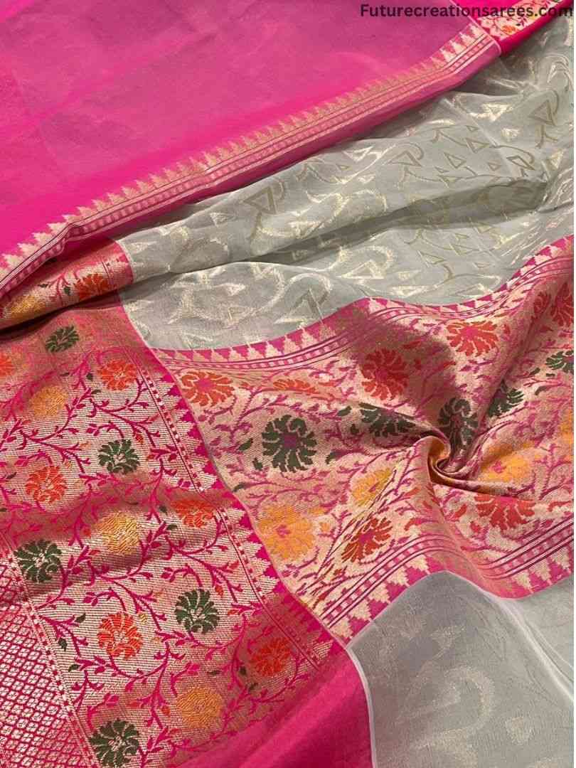 Organza Paithani saree in pink & cream contrast with golden floral and geometric motifs, ornate orange‑pink border, and matching blouse fabric – Future Creation Sarees.