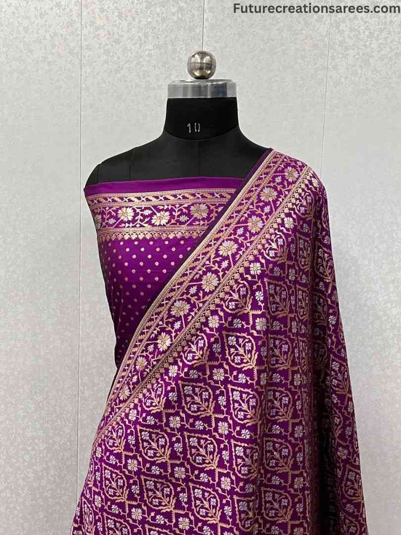 Purple Katan Silk Sona Rupa Banarasi saree with golden-cream floral motifs, geometric border, dotted body, and purple blouse fabric – Future Creation Sarees.