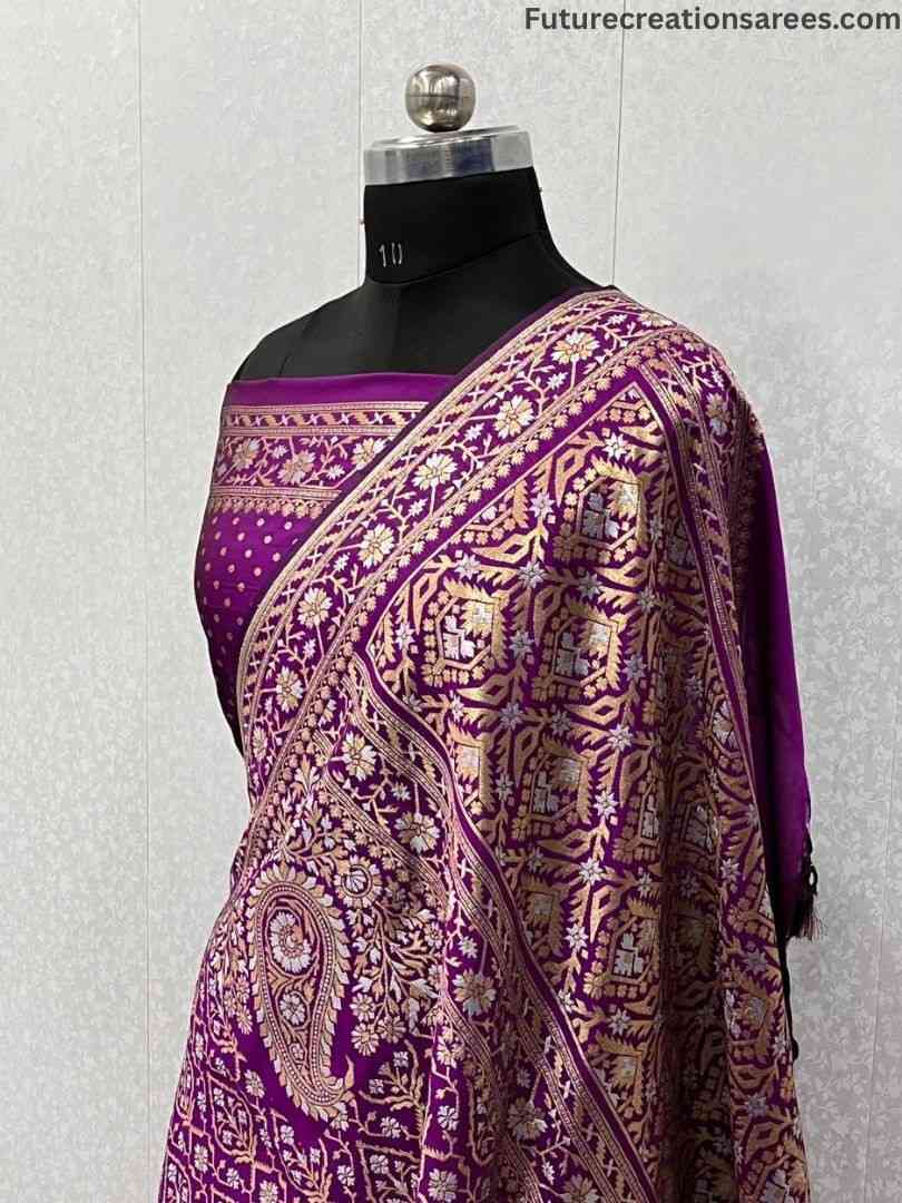 Purple Katan Silk Sona Rupa Banarasi saree with golden-cream floral motifs, geometric border, dotted body, and purple blouse fabric – Future Creation Sarees.